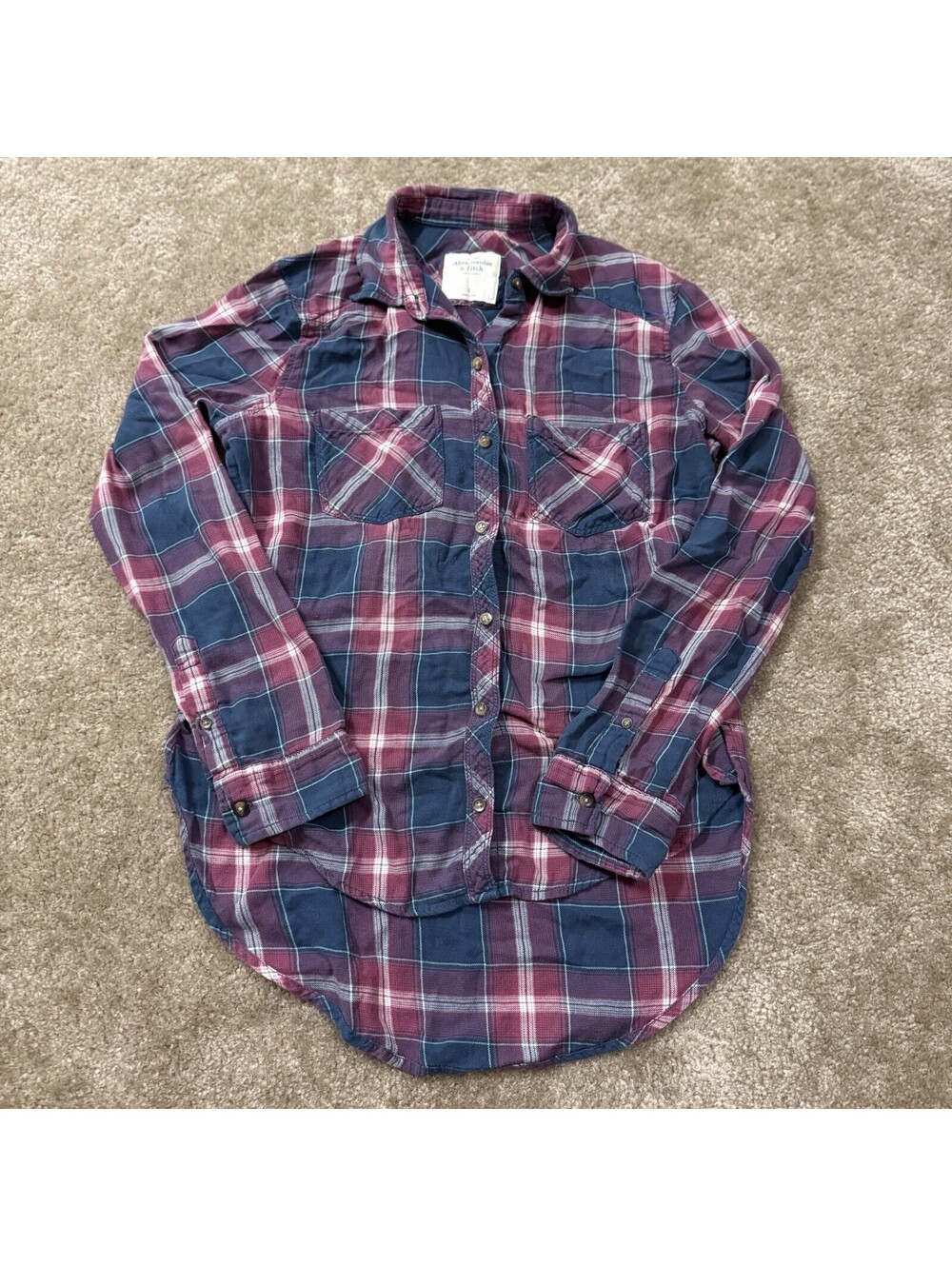 Abercrombie & Fitch Shirt Womens S Blue Pink Plaid Flannel Button Up Long Sleeve